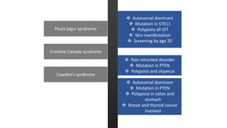  Autosomal dominant
 Mutation in STK11
 Polyposis all GIT
 Skin manifestation
 Screening by age 20
Peutz jegur syndrome
 Non inherited disorder
 Mutation in PTEN
 Polyposis and alopecia
Cronkite Canada syndrome
 Autosomal dominant
 Mutation in PTEN
 Polyposis in colon and
stomach
 Breast and thyroid cancer
involved
Cowden’s syndrome
 