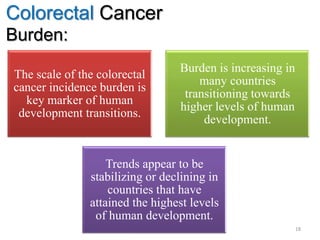 Colorectal Cancer
Burden:
The scale of the colorectal
cancer incidence burden is
key marker of human
development transitions.
Burden is increasing in
many countries
transitioning towards
higher levels of human
development.
Trends appear to be
stabilizing or declining in
countries that have
attained the highest levels
of human development.
18
 