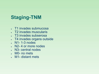 Staging-TNM
● T1 invades submucosa
● T2 invades muscularis
● T3 invades subserosa
● T4 invades organs outside
● N1- 1-3 nodes
● N2- 4 or more nodes
● N3- central nodes
● M0- no mets
● M1- distant mets
 