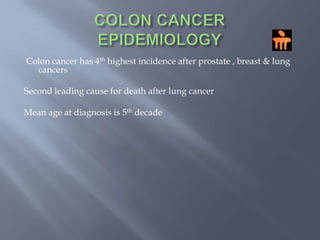 COLON CANCEREPIDEMIOLOGY Colon cancer has 4th highest incidence after prostate , breast & lung cancers Second leading cause for death after lung cancerMean age at diagnosis is 5th decade