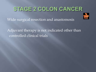 STAGE 0 COLON CANCERTREATMENT OPTIONSLocal excision or simple polypectomy with clear marginsColon resection for larger lesions not  amenable to local excision