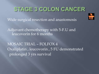STAGE 1 COLON CANCERSurgical resection and anastomosisAdjuvant chemotherpy is not indicated other than controlled clinical trials