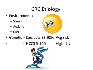 CRC Etiology
• Environmental
– Stress
– Activity
– Diet
• Genetic – Sporadic 85-90% Avg risk
• - HCCS 5-10% High risk
 