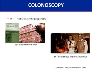 Beth Israel Medical Center
1
Sivak et al., 2004, 2
Winawer et al., 1993
Dr Hiromi Shinya1
and Dr William Wolf
 1971 - First colonoscopic polypectomy
COLONOSCOPY
 