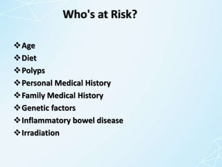 Who's at Risk?
Age
Diet
Polyps
Personal Medical History
Family Medical History
Genetic factors
Inflammatory bowel disease
Irradiation
 