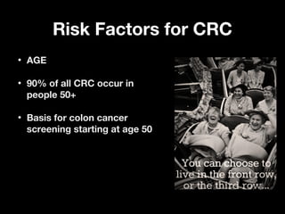 Risk Factors for CRCRisk Factors for CRC
• AGEAGE
• 90% of all CRC occur in90% of all CRC occur in
people 50+people 50+
• Basis for colon cancerBasis for colon cancer
screening starting at age 50screening starting at age 50
 