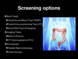 Screening optionsScreening options
Stool TestsStool Tests
Fecal Occult Blood Test (FOBT)Fecal Occult Blood Test (FOBT)
Fecal Immunochemical Test (FIT)Fecal Immunochemical Test (FIT)
Stool DNA Test (Cologard)Stool DNA Test (Cologard)
Imaging TestsImaging Tests
Barium EnemaBarium Enema
CT Colonography (CTC)CT Colonography (CTC)
ProceduresProcedures
Flexible SigmoidoscopyFlexible Sigmoidoscopy
ColonoscopyColonoscopy
 