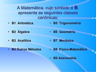A Matemática, cujo símbolo é  B , apresenta as seguintes classes canônicas: B1  Aritmética B2  Álgebra B3  Analítica B4 Outros Métodos B5  Trigonometria B6  Geometria B7  Mecânica B8  Físico-Matemática B9 Astronomia 