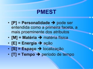 PMEST [P]  =  Personalidade     pode ser entendida como a primeira faceta, a mais proeminente dos atributos [M] = Matéria     matéria física [E] = Energia     ação [S] = Espaço     localização [T] = Tempo     período de tempo  
