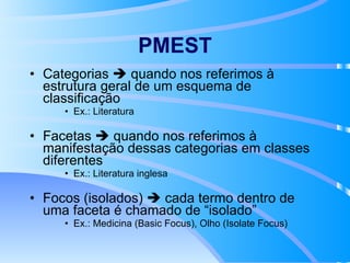 PMEST Categorias    quando nos referimos à estrutura geral de um esquema de classificação Ex.: Literatura Facetas    quando nos referimos à manifestação dessas categorias em classes diferentes Ex.: Literatura inglesa Focos (isolados)     cada termo dentro de uma faceta é chamado de “isolado”  Ex.: Medicina (Basic Focus), Olho (Isolate Focus) 