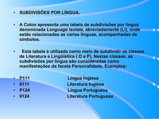 SUBDIVISÕES POR LÍNGUA.  A Colon apresenta uma tabela de subdivisões por língua denominada  Lenguage Isolate , abreviadamente (LI), onde estão relacionadas as varias línguas, acompanhadas de símbolos. Esta tabela é utilizada como meio de subdividir as classes de Literatura e Lingüística ( O e P). Nestas classes, as subdivisões por língua são consideradas como manifestações da faceta Personalidade. Exemplos: P111  Língua Inglesa 0111  Literatura Inglesa P124  Língua Portuguesa 0124  Literatura Portuguesa  