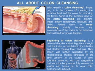 What exactly is colon cleansing? Simply
put, it is the process of cleaning the
intestinal tract and the colon for removing
the toxins. Some of the methods used for
the colon cleansing are injecting
water, dietary supplement, laxatives, and
herbs. People resort to colon
cleansing mainly because any
accumulation of the toxins in the intestinal
tract will lead to various diseases.
ALL ABOUT COLON CLEANSING
Beginning of colon cleansing: It is
believed that the ancient Egyptians thought
that the toxins accumulated in the intestine
and started causing fever and pus. Their
theory was further supported by the
microbiological studies conducted in the
19th century. In the course of time,
scientists came up with the suggestions
that since the body cannot fully remove the
wastes and toxins on its own, colon
cleansing was advised.
 