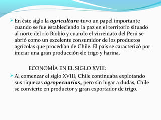 En éste siglo la agricultura tuvo un papel importante 
cuando se fue estableciendo la paz en el territorio situado 
al norte del río Bíobío y cuando el virreinato del Perú se 
abrió como un excelente consumidor de los productos 
agrícolas que procedían de Chile. El país se caracterizó por 
iniciar una gran producción de trigo y harina. 
ECONOMÍA EN EL SIGLO XVIII: 
Al comenzar el siglo XVIII, Chile continuaba explotando 
sus riquezas agropecuarias, pero sin lugar a dudas, Chile 
se convierte en productor y gran exportador de trigo. 
 