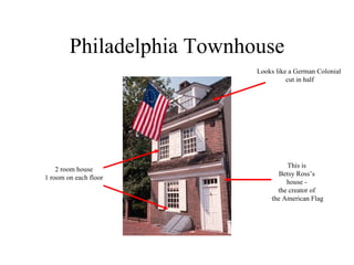 Philadelphia Townhouse Looks like a German Colonial cut in half 2 room house 1 room on each floor This is  Betsy Ross’s  house -  the creator of  the American Flag 