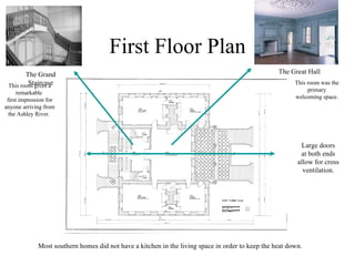 First Floor Plan Large doors at both ends allow for cross ventilation. The Grand Staircase This room gives a remarkable  first impression for anyone arriving from the Ashley River.  The Great Hall This room was the primary welcoming space. Most southern homes did not have a kitchen in the living space in order to keep the heat down.  