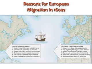 Reasons for European
Migration in 1600s
 