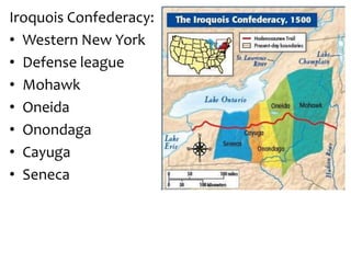 Iroquois Confederacy:
• Western New York
• Defense league
• Mohawk
• Oneida
• Onondaga
• Cayuga
• Seneca
 