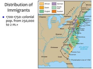 Distribution of
Immigrants
 1700-1750: colonial
pop. from 250,000
to 2 m.+
 