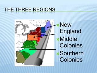 The Three RegionsNew EnglandMiddle ColoniesSouthern Colonies