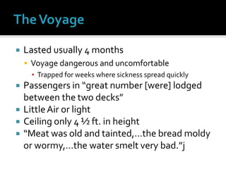 The VoyageLasted usually 4 monthsVoyage dangerous and uncomfortableTrapped for weeks where sickness spread quicklyPassengers in “great number [were] lodged between the two decks”Little Air or lightCeiling only 4 ½ ft. in height “Meat was old and tainted,…the bread moldy or wormy,…the water smelt very bad.”j