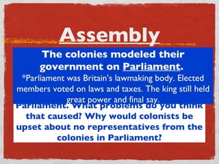 Assembly Each of the colonies had an assembly of representatives that voted on laws and whether or not to support the Royal Governor The colonists had no representation in Parliament. What problems do you think that caused? Why would colonists be upset about no representatives from the colonies in Parliament? The colonies modeled their government on  Parliament .  *Parliament was Britain’s lawmaking body. Elected members voted on laws and taxes. The king still held great power and final say. 