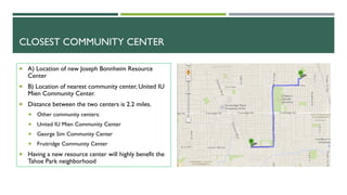 CLOSEST COMMUNITY CENTER
A) Location of new Joseph Bonnheim Resource
Center
B) Location of nearest community center, United IU
Mien Community Center.
Distance between the two centers is 2.2 miles.
Other community centers:
United IU Mien Community Center
George Sim Community Center
Fruitridge Community Center
Having a new resource center will highly benefit the
Tahoe Park neighborhood
 