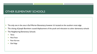 OTHER ELEMENTARY SCHOOLS
The only one in the area is Earl Warren Elementary, however it’s located on the southern most edge
The closing of Joseph Bonnheim caused displacement of the youth and relocation to other elementary schools
The Neighboring Elementary Schools:
Tahoe
Mark Twain
Peter Burnett
Oak Ridge
 