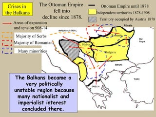 Crises in      The Ottoman Empire            Ottoman Empire until 1878
the Balkans           fell into             Independent territories 1878-1908
                 decline since 1878.          Territory occupied by Austria 1878
   Areas of expansion
                                                               Rússia
   and tension 908-14
    Majority of Serbs                                Romania

   Majority of Romanian            Sèrbia

     Many minorities                             Bulgària




    The Balkans became a
        very politically
    unstable region because
     many nationalist and
     imperialist interest
       concluded there.
 