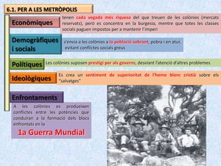 6.1. PER A LES METRÒPOLIS
                        tenen cada vegada més riquesa del que treuen de les colònies (mercats
 Econòmiques            reservats), però es concentra en la burgesia, mentre que totes les classes
                        socials paguen impostos per a mantenir l’imperi

 Demogràfiques           s’envia a les colònies a la població sobrant, pobra i en atur,
 i socials                evitant conflictes socials greus


 Polítiques     Les colònies suposen prestigi per als governs, desviant l’atenció d’altres problemes

                      Es crea un sentiment de superioritat de l’home blanc cristià sobre els
 Ideològiques         “salvatges”


 Enfrontaments
  A les colònies es produeixen
  conflictes entre les potències que
  conduiran a la formació dels blocs
  enfrontats en la
    1a Guerra Mundial
 