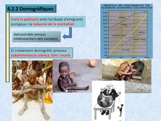 6.2.2 Demogràfiques
 Creix la població amb l’arribada d’emigrants
 europeus i la reducció de la mortalitat

  Aplicació dels avenços
  mèdicosanitaris dels europeus


 El creixement demogràfic provoca
 subalimentació crònica, fam i morts
 
