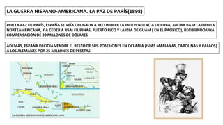 LA GUERRA HISPANO-AMERICANA. LA PAZ DE PARÍS(1898)
POR LA PAZ DE PARÍS, ESPAÑA SE VEÍA OBLIGADA A RECONOCER LA INDEPENDENCIA DE CUBA, AHORA BAJO LA ÓRBITA
NORTEAMERICANA, Y A CEDER A USA: FILIPINAS, PUERTO RICO Y LA ISLA DE GUAM ( EN EL PACÍFICO), RECIBIENDO UNA
COMPENSACIÓN DE 20 MILLONES DE DÓLARES
ADEMÁS, ESPAÑA DECIDÍA VENDER EL RESTO DE SUS POSESIONES EN OCEANÍA (ISLAS MARIANAS, CAROLINAS Y PALAOS)
A LOS ALEMANES POR 25 MILLONES DE PESETAS
 