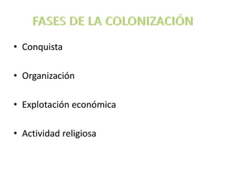 • Conquista
• Organización
• Explotación económica
• Actividad religiosa
 