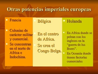 Otras potencias imperiales europeas Francia Colonias de carácter militar y comercial. Se concentran en el norte de Africa e Indochina. Bélgica  En el centro de Africa. Se crea el Congo Belga. Holanda En Africa donde se pelean con los ingleses en la “guerra de los Boers”. En Oceanía donde tienen factorías comerciales 