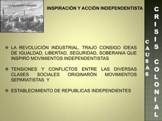 C
R
I
S
I
S
C
O
L
O
N
I
A
L
C
A
U
S
A
S
 LA REVOLUCIÓN INDUSTRIAL, TRAJO CONSIGO IDEAS
DE IGUALDAD, LIBERTAD, SEGURIDAD, SOBERANIA QUE
INSPIRÓ MOVIMIENTOS INDEPENDENTISTAS
 TENSIONES Y CONFLICTOS ENTRE LAS DIVERSAS
CLASES SOCIALES ORIGINARÓN MOVIMIENTOS
SEPARATISTAS Y
 ESTABLECIMIENTO DE REPUBLICAS INDEPENDIENTES
INSPIRACIÓN Y ACCIÓN INDEPENDENTISTA
 