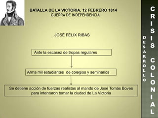 C
R
I
S
I
S
C
O
L
O
N
I
A
L
D
E
S
A
R
R
O
L
L
O
BATALLA DE LA VICTORIA, 12 FEBRERO 1814
GUERRA DE INDEPENDENCIA
JOSÉ FÉLIX RIBAS
Se detiene acción de fuerzas realistas al mando de José Tomás Boves
para intentaron tomar la ciudad de La Victoria
Ante la escasez de tropas regulares
Arma mil estudiantes de colegios y seminarios
 