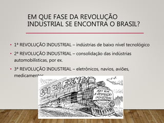 EM QUE FASE DA REVOLUÇÃO
INDUSTRIAL SE ENCONTRA O BRASIL?
• 1ª REVOLUÇÃO INDUSTRIAL – indústrias de baixo nível tecnológico
• 2ª REVOLUÇÃO INDUSTRIAL – consolidação das indústrias
automobilísticas, por ex.
• 3ª REVOLUÇÃO INDUSTRIAL – eletrônicos, navios, aviões,
medicamentos