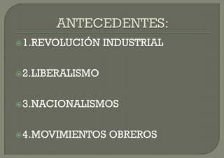  1.REVOLUCIÓN    INDUSTRIAL

 2.LIBERALISMO



 3.NACIONALISMOS



 4.MOVIMIENTOS    OBREROS
 