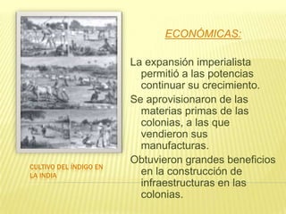 ECONÓMICAS:

CULTIVO DEL ÍNDIGO EN
LA INDIA

La expansión imperialista
permitió a las potencias
continuar su crecimiento.
Se aprovisionaron de las
materias primas de las
colonias, a las que
vendieron sus
manufacturas.
Obtuvieron grandes beneficios
en la construcción de
infraestructuras en las
colonias.

 
