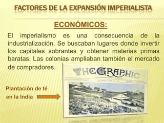 FACTORES DE LA EXPANSIÓN IMPERIALISTA

ECONÓMICOS:
El imperialismo es una consecuencia de la
industrialización. Se buscaban lugares donde invertir
los capitales sobrantes y obtener materias primas
baratas. Las colonias ampliaban también el mercado
de compradores.
Plantación de té
en la India

 