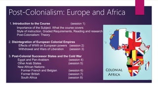 Post-Colonialism: Europe and Africa
1. Introduction to the Course (session 1)
Importance of the Subject. What the course covers
Style of instruction, Graded Requirements, Reading and research
Post-Colonialism: Theory
2. Disintegration of European Colonial Empires
Effects of WWII on European powers (session 2)
Withdrawal and Wars of Liberation (session 3)
3. Post-Colonial Successor States and the Cold War
Egypt and Pan-Arabism (session 4)
Other Arab States (session 5)
New African Nations:
Former French and Belgian (session 6)
Former British (session 7)
South Africa (session 8)
 