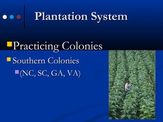 Plantation SystemPlantation System
Practicing ColoniesPracticing Colonies
 Southern ColoniesSouthern Colonies
(NC, SC, GA, VA)(NC, SC, GA, VA)
 