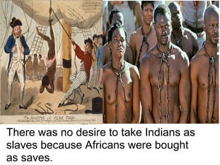 There was no desire to take Indians as
slaves because Africans were bought
as saves.
 
