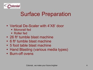 Surface Preparation Vertical De-Scaler with 4’X8’ door Monorail fed Roller fed 26 ft 3  tumble blast machine 6 ft 3  tumble blast machine 5 foot table blast machine Hand Blasting (various media types) Burn-off ovens Colonial...we make your future brighter 