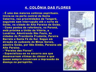 4. COLÔNIA DAS FLORES
- É uma das maiores colônias espirituais.
Inicia-se na parte central de Santa
Catarina, nas proximidades de Tangará,
seguindo sem interrupção até o norte de
Goiás, na cidade de Alto Paraíso de Goiás.
- Como pontos de referência, no Paraná,
está próxima a União da Vitória, a
Londrina. Adentrando São Paulo, às
cidades de Presidente Prudente, Pereira
Barreto e Santa Fé do Sul. Segue em
direção do sudoeste de Minas Gerais,
adentra Goiás, por São Simão, Paraúna até
Alto Paraíso.
- “Paraíso das Flores”.
- Especializou-se no socorro aos que
desencarnam vítimas de câncer e que
quase sempre conservam a impressão da
doença no perispírito.
 