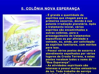 5. COLÔNIA NOVA ESPERANÇA
          - É grande a quantidade de
          espíritos que chegam para os
          primeiros socorros, devido à sua
          potente irradiação planetária. Após
          o tratamento inicial, vários
          espíritos são encaminhados a
          outras colônias, para o
          prosseguimento de tratamentos
          específicos ou por afinidade e
          vontade, ou, ainda, por solicitação
          de espíritos familiares, com méritos
          para isso.
          - Possui vários postos de socorro e
          atendimento espalhados por vários
          lugares da Crosta Terrena, e estes
          postos recebem todos o nome de
          “Boa Esperança”.
          - As atividades espirituais são
          intensas e possui muitos emissários
          de luz. Todo trabalho de serviço
 