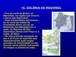 15. COLÔNIA DO ROUXINOL

- Fica ao norte do Brasil, no
Maranhão, na região que envolve
a Serra das Alpercatas.
- Suas extremidades aproximam-
se ao norte da cidade de
Presidente Dutra; ao sul, de
Raimundo das Mangabeiras; a
leste, da Represa da Boa
Esperança (divisa com Piauí) e, a
oeste, de Naru.
- Há uma profunda sensação de
paz e ali ficam os espíritos que
desencarnaram após longos
períodos de enfermidade ou que
tiveram morte súbita, com perda
de sangue (o plasma da vida).
 