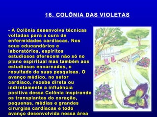 16. COLÔNIA DAS VIOLETAS

- A Colônia desenvolve técnicas
voltadas para a cura de
enfermidades cardíacas. Nos
seus educandários e
laboratórios, espíritos
estudiosos oferecem não só no
plano espiritual mas também aos
estudiosos encarnados, o
resultado de suas pesquisas. O
avanço médico, no setor
cardíaco, recebe direta ou
indiretamente a influência
positiva dessa Colônia inspirando
os transplantes do coração,
pequenas, médias e grandes
cirurgias cardíacas e todo
avanço desenvolvida nessa área
 