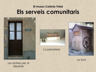 El museu Colònia Vidal Els serveis comunitaris Les dutxes per al dissabte La peixateria La font 