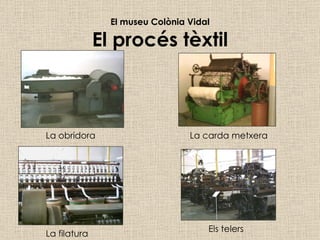 El museu Colònia Vidal El procés tèxtil La obridora La carda metxera Els telers La filatura 