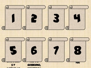 Los
Caracte
¡
                         El Ámbito     españoles


    1         2            3             4
            Importan
rísticas                 Económico      obtenían
            cia de La
Principa                     , se        de esta
              Iglesia    Caracteriz    actividad
l de la
             Católica     aba Por       metales
Colonia
                                       preciosos



                                       Entre una
                           Bajo el
                                         de las
Donde se      En lo        control
                                       causas de


    5         6             7            8
realizaba    político    directo de
                                           la
                         él estaban
  n las         se           las
                                       disminució
actividad    crearon                     n de la
                         institucion
                                       población
    es      institucio      es de
                                        indígena
ganadera      nes de      gobierno:
                                           fue
   sy       gobierno,
 